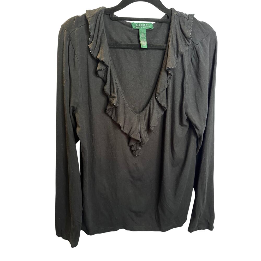 Lauren Ralph Lauren XL Black Beaded Ruffle V-Neck Long Sleeve Top Blouse Preppy
